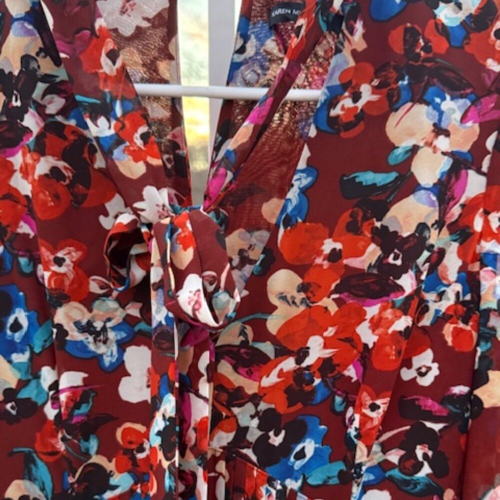 Karen Millen Gorgette Print Midi Dress  Tie Neck with Sheer L/S  Size 4 - Picture 2 of 8